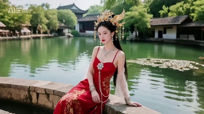 碧色池塘旁的红衣美女