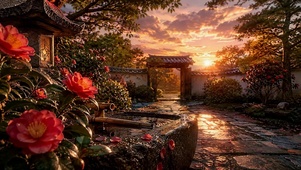 暮色庭院樱花景