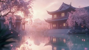 朦胧春日湖畔古亭建筑