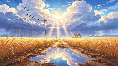 雨后云下麦田与栖息鸟雀