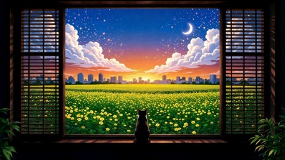窗边猫咪静赏黄昏星空花野
