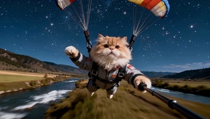 星空下跳伞的可爱橘猫