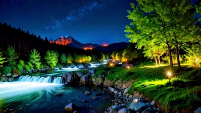 旁晚郊外青山溪流美景