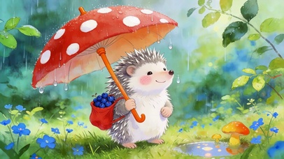 雨天可爱小刺猬的蘑菇伞