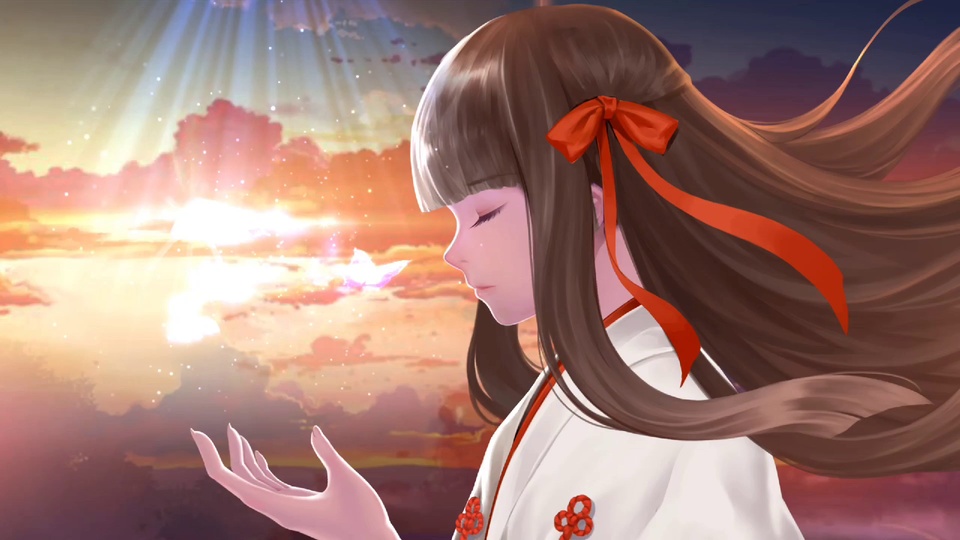 棕发少女闭着双眼，发丝与红色发带随风飘动，身后是铺满云霞的黄昏天空。