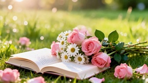 草地阳光下治愈书本玫瑰小清新