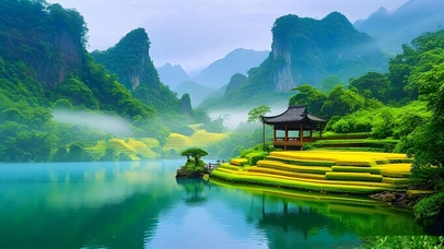 绿色护眼山水湖泊凉亭