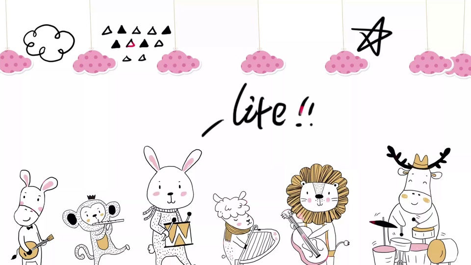 白色底色的简约手绘画面，卡通动物依次演奏吉他、长笛、鼓、竖琴、大提琴、架子鼓，画面上方悬挂粉色波点云朵与简笔星形、黑色云朵装饰，整体为粉白配色搭配黑色线条点缀。