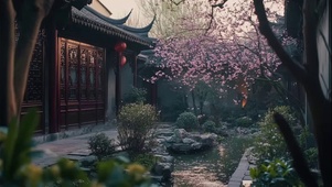 傍晚静谧庭院池塘风景