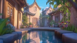 柔和古城小镇建筑池塘