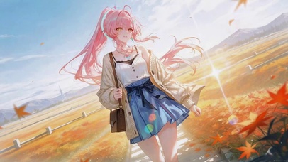秋日郊外粉发美少女
