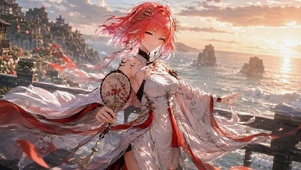 海边落日古风红发美少女
