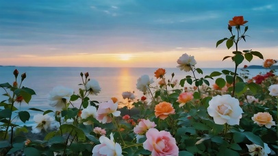 晚霞海边玫瑰花