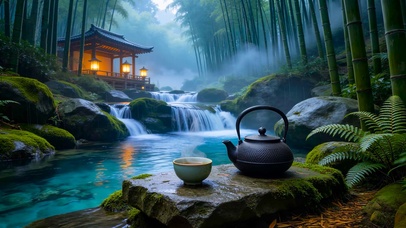 放松竹林流水木屋