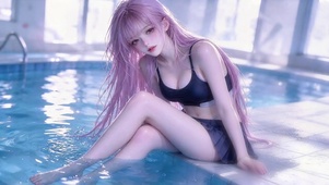 泳池悠闲玩水少女