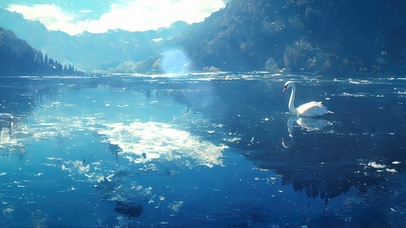 清晨蓝色湖泊天鹅