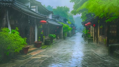 雨天古镇
