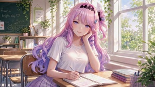 教室窗边学习的粉发美少女