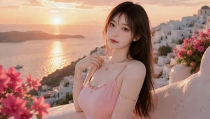 圣托里尼落日下的粉裙少女