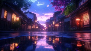 紫色雨中浪漫小镇街景