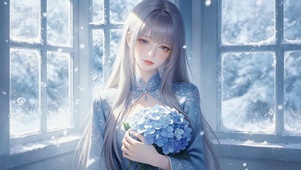 冬日窗边银发蓝裙美少女