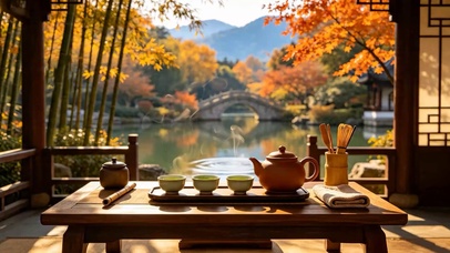 秋天湖边木屋品茶
