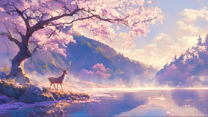 迷雾山谷樱花湖畔小鹿