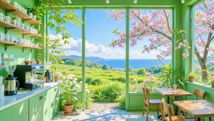 护眼绿色海景咖啡馆