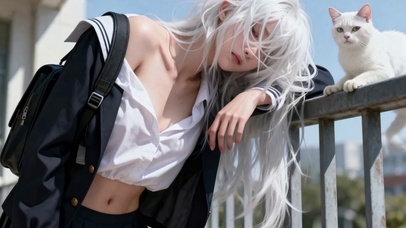 日系校园风白发纯欲少女和白猫