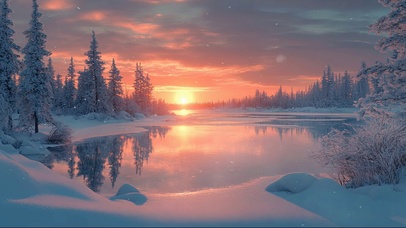 落日雪原松林湖泊
