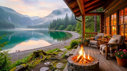 宁静高山湖边木屋