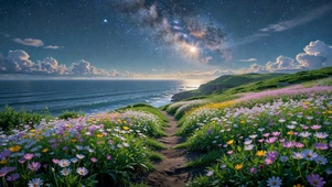 星空下的海岸花海小径