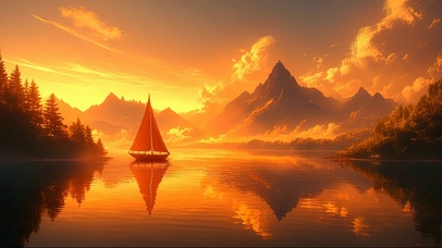 静谧落日高山湖泊帆船