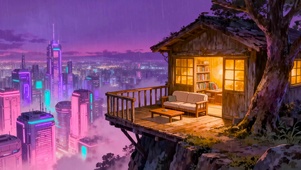 霓虹城市山顶树屋