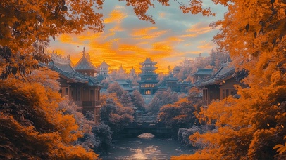 远眺金秋古风城市风景