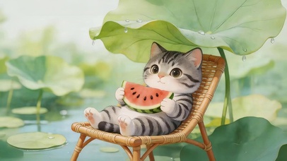荷叶下西瓜猫咪