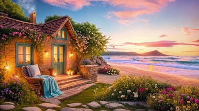 唯美傍晚海边小屋