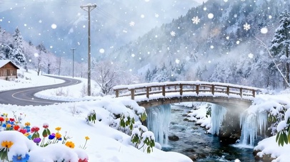 雪景房屋河流景色双屏