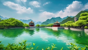 绿色护眼郊外湖畔唯美风景