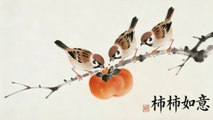 4K护眼国画 柿子枝头  瑞鸟