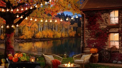 舒适秋日湖边小屋