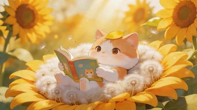 向日葵中猫咪看书