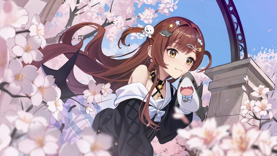 樱花林间的棕发动漫少女抱着鲨鱼造型软偶