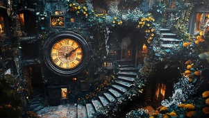 静谧神秘时钟阶梯树林