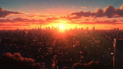 俯瞰落日都市天际线