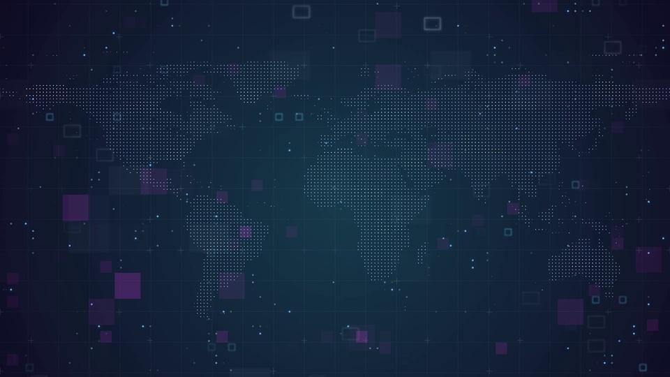 点阵世界地图搭配紫蓝方块光点的科技感背景