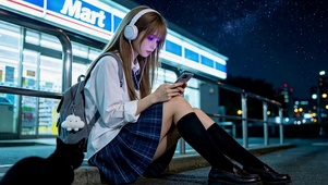 星空下便利店旁的JK少女