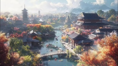 灿烂秋日河流古城建筑