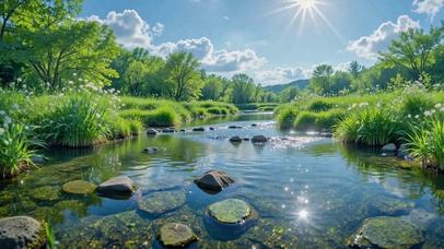 晴朗夏日溪流治愈风景