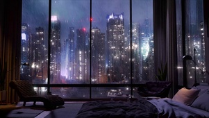 夜晚卧室城市大雨